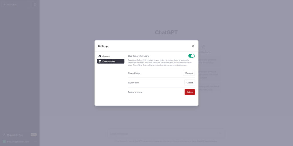 screenshot ChatGPT data controls