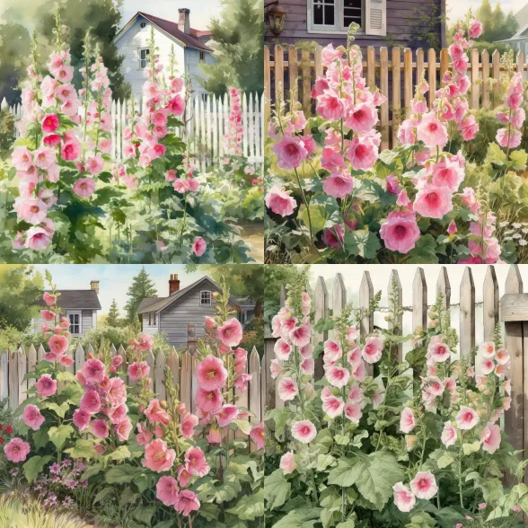 draw a scene of pink hollyhocks in bloom in a charmin garden