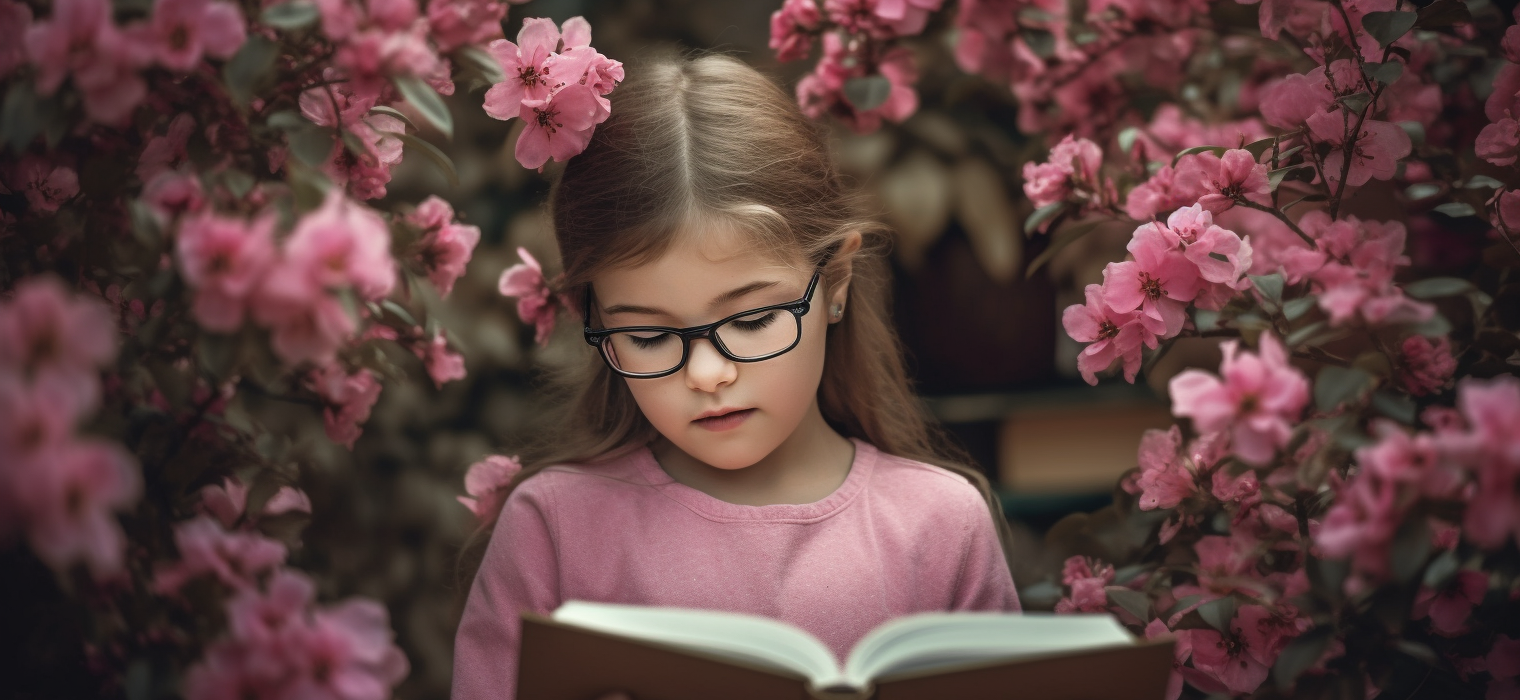 lezen kind met roze bloemen