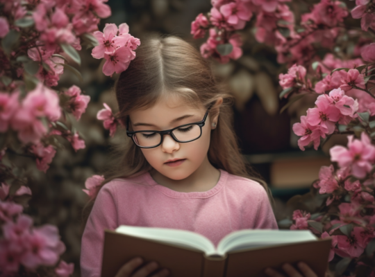lezen kind met roze bloemen