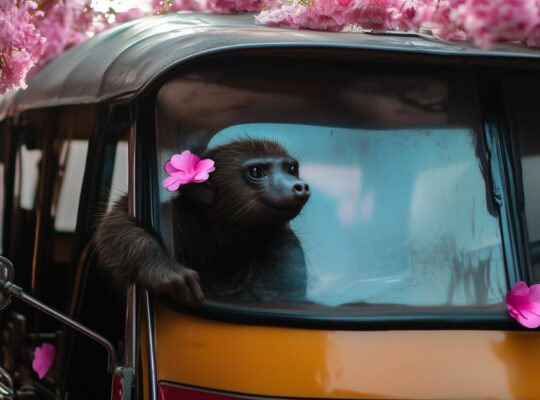 mol in een tuk tuk met roze bloemen