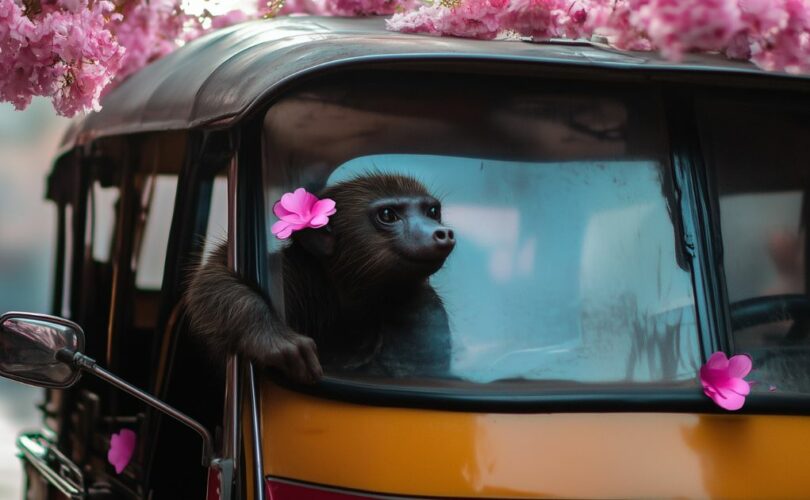 mol in een tuk tuk met roze bloemen